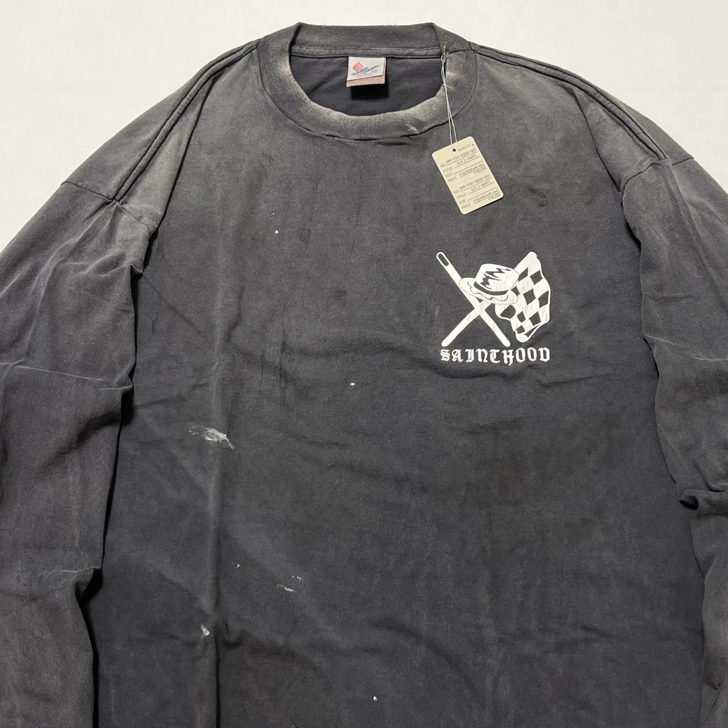 SAINT Mxxxxxx × NEIGHBORHOOD STHD . LS TEE SPEED KILLS/BLK Skull Helmet Long Sleeves Washed Black S-XL Cylindrical Cloth Ready-Made Assute Dyeing Heavy Washing Water Fading Handmade Splashed Ink Holes Simulate Natural Fading and Old Effects Correct Version Customized NBHD Co-branded Accessories Top Purchasing Level